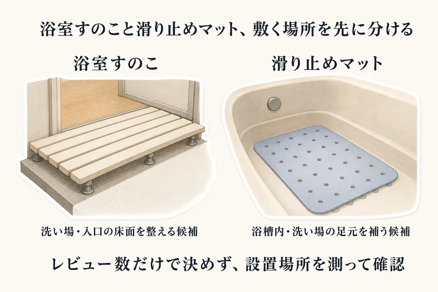 浴室すのこと滑り止めマットの敷く場所を分けた図。浴室すのこは洗い場・入口の床面を整える候補、滑り止めマットは浴槽内・洗い場の足元を補う候補として示し、レビュー数だけで決めず設置場所を測って確認するよう案内している