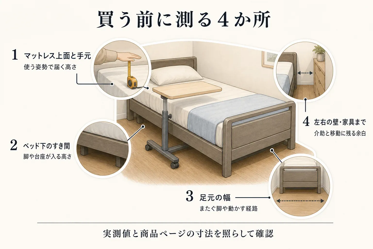 キャスター付きベッドテーブルを選ぶ前に測る四つの寸法として、マットレス上面の高さ、ベッド下のすき間、ベッドの足元の幅、左右の壁や家具までの距離を示し、天板と脚部が安全に収まるか確認する図