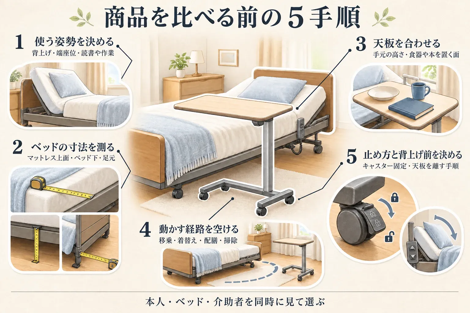 キャスター付きベッドテーブルを選ぶ前の五つの確認順として、使う姿勢、ベッドの寸法、天板の高さと面積、テーブルを動かす経路、キャスターのロックと背上げ前に離す手順を順番に示した図
