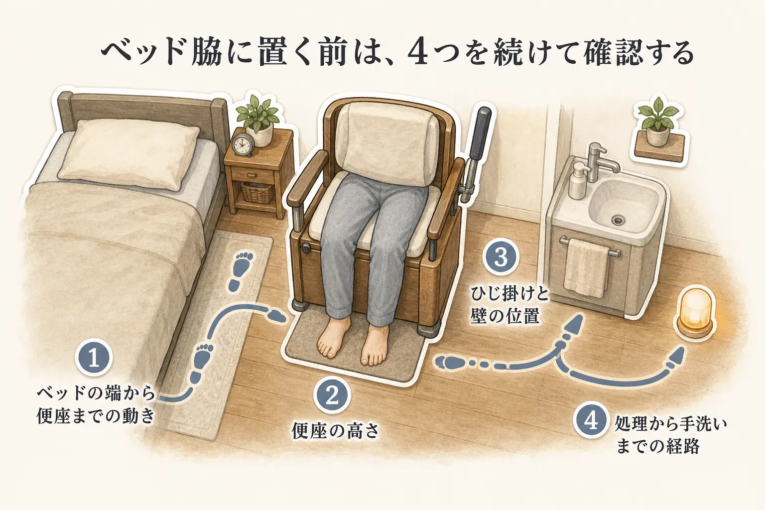 ベッド脇にポータブルトイレを置く前の4つの確認点を示した図。ベッドの端から便座までの動き、便座の高さ、ひじ掛けと壁の位置、排泄物の処理から手洗いまでの経路を、ベッド・ポータブルトイレ・洗面台の配置で示している