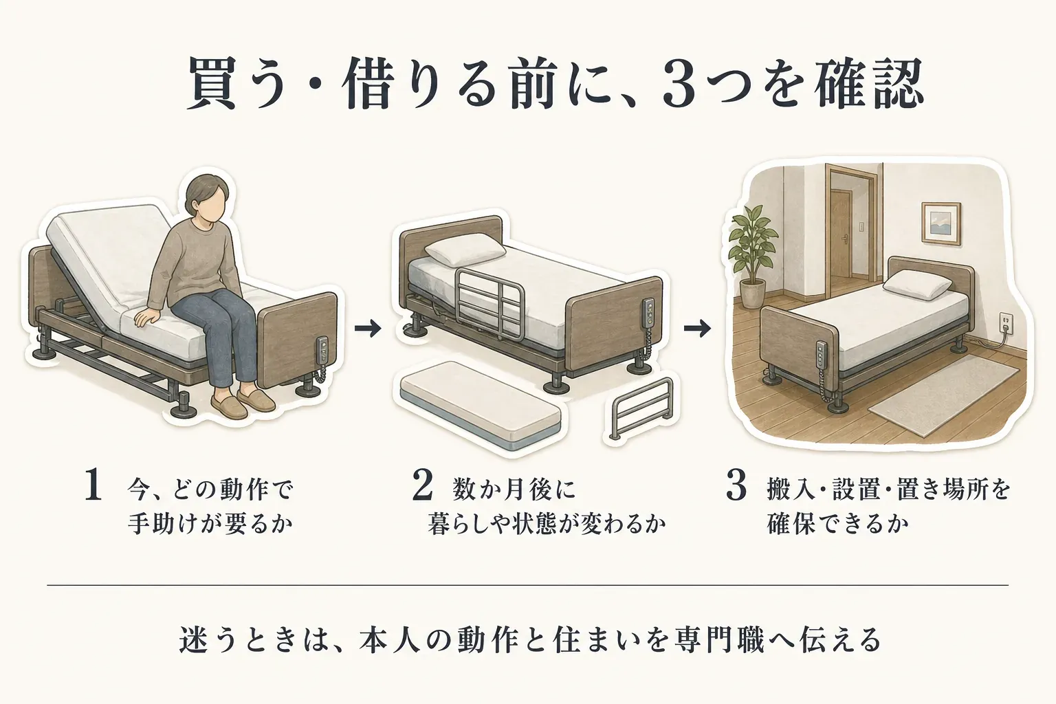 介護ベッドを買う・借りる前の三つの確認点として、今どの動作で手助けが要るか、数か月後に暮らしや身体状態が変わるか、搬入・設置・置き場所を確保できるかを示し、迷うときは本人の動作と住まいを専門職へ伝えるよう案内する図