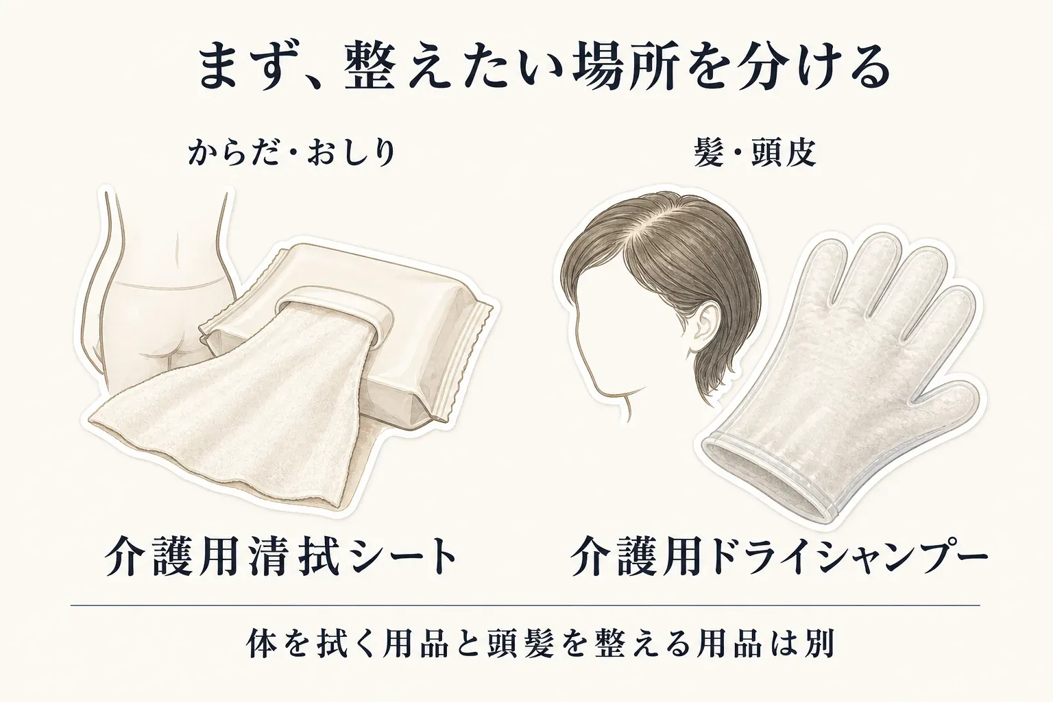整えたい場所を、からだ・おしりと髪・頭皮に分けた図。からだ・おしりには介護用清拭シート、髪・頭皮には介護用ドライシャンプーを対応させ、体を拭く用品と頭髪を整える用品は別であることを示している