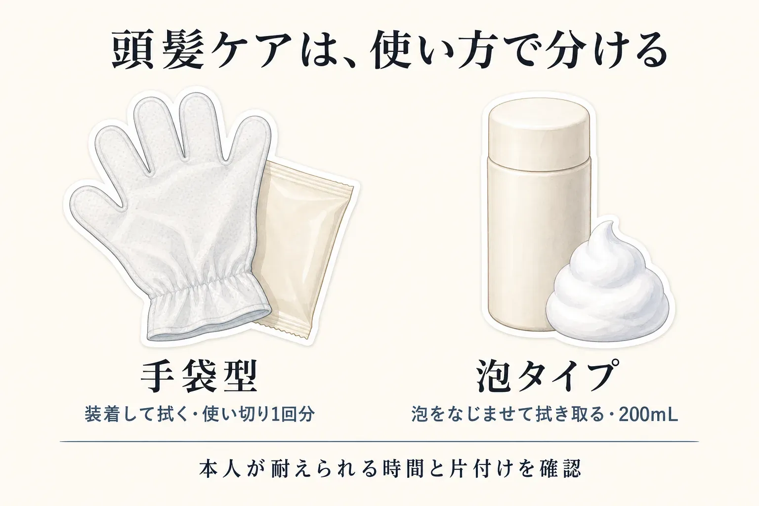 頭髪ケアで使う手袋型と泡タイプを比べた図。手袋型は装着して拭く使い切り1回分、泡タイプは泡を髪と頭皮になじませて拭き取る200mLの用品として示し、本人が耐えられる時間と使用後の片付けを確認するよう案内している