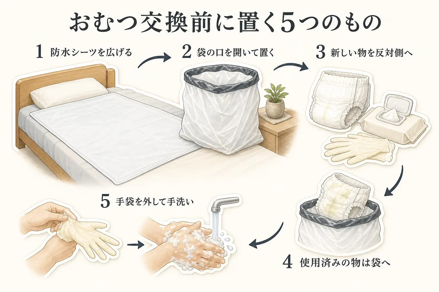おむつ交換前に防水シーツを広げ、袋の口を開いて置き、新しいおむつ・お尻拭き・手袋を反対側にまとめ、使用済みの物を袋へ入れ、手袋を外して手洗いする5段階を示した図