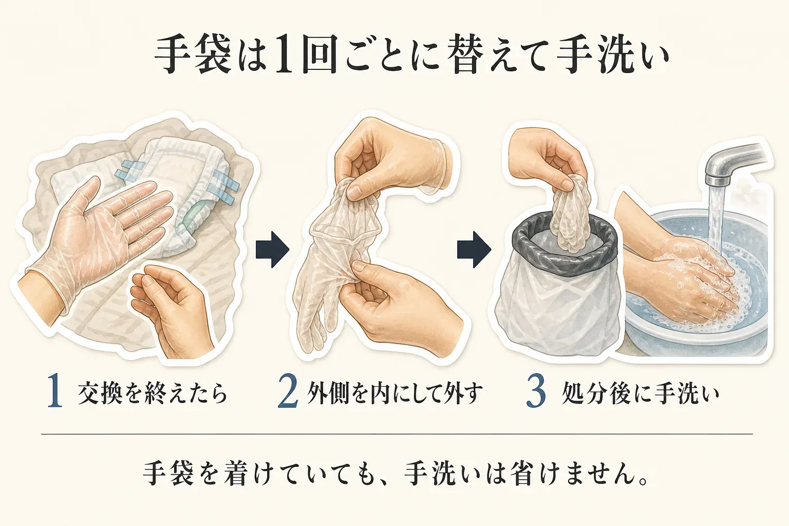 おむつ交換を終えたら手袋を外側が内側になるように外して袋へ入れ、処分後に手洗いする3段階と、手袋を着けていても手洗いを省けないことを示した図