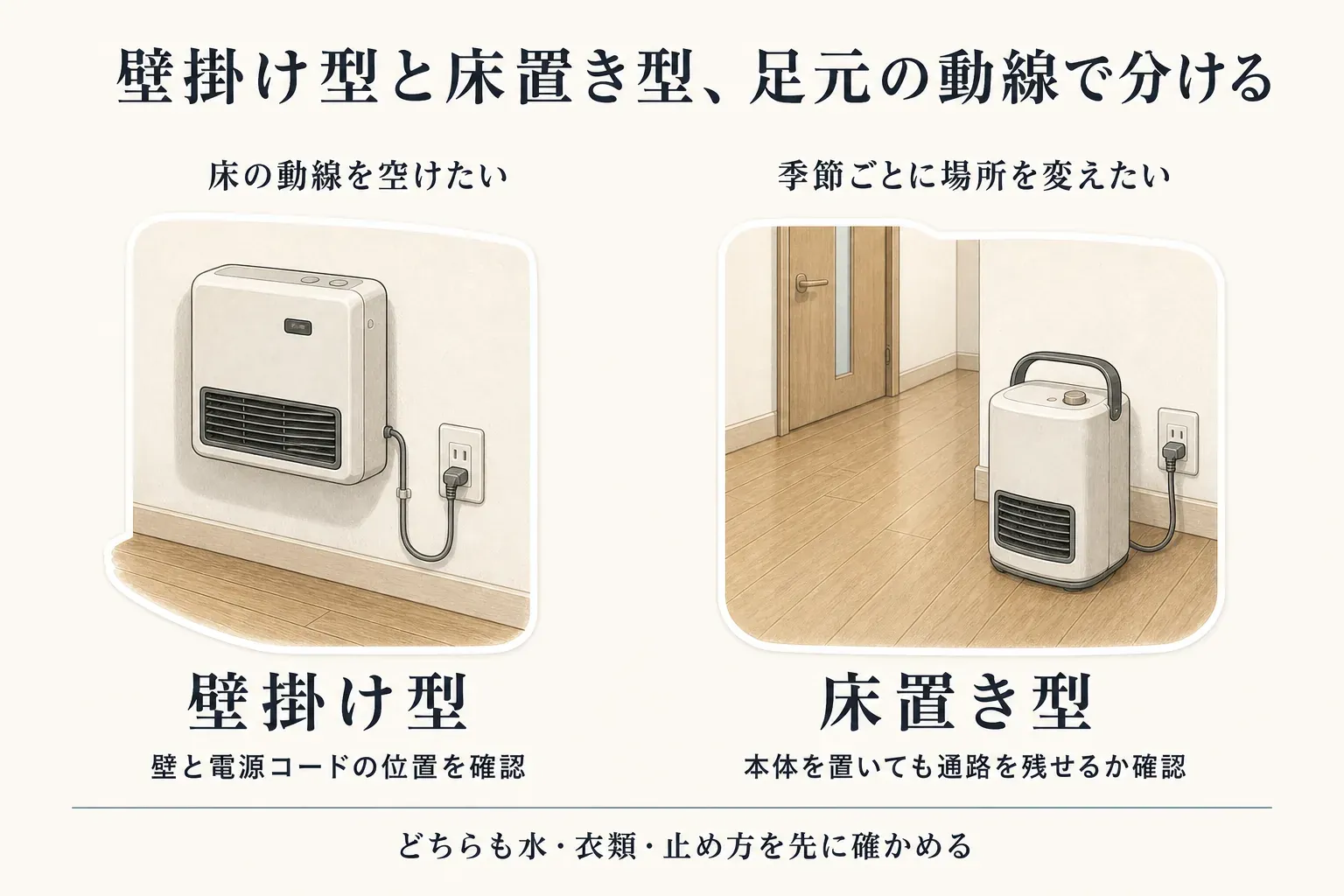 壁掛け型と床置き型の脱衣所ヒーターを足元の動線で分ける図。床の動線を空けたい場合は壁掛け型で壁と電源コードの位置を、季節ごとに場所を変えたい場合は床置き型で本体を置いても通路を残せるかを確認し、どちらも水・衣類・止め方を先に確かめるよう示している