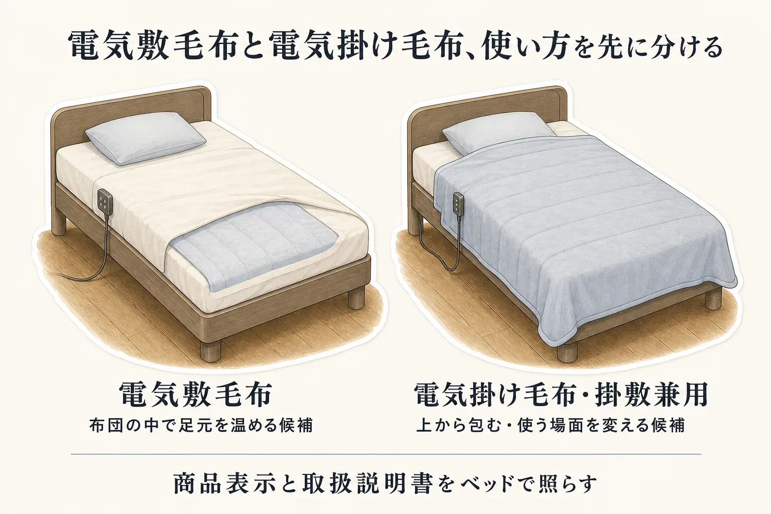 電気敷毛布と電気掛け毛布・掛敷兼用を使い方で分ける図。電気敷毛布は布団の中で足元を温める候補、電気掛け毛布・掛敷兼用は上から包み、使う場面を変える候補として、商品表示と取扱説明書をベッドで照らすよう示している