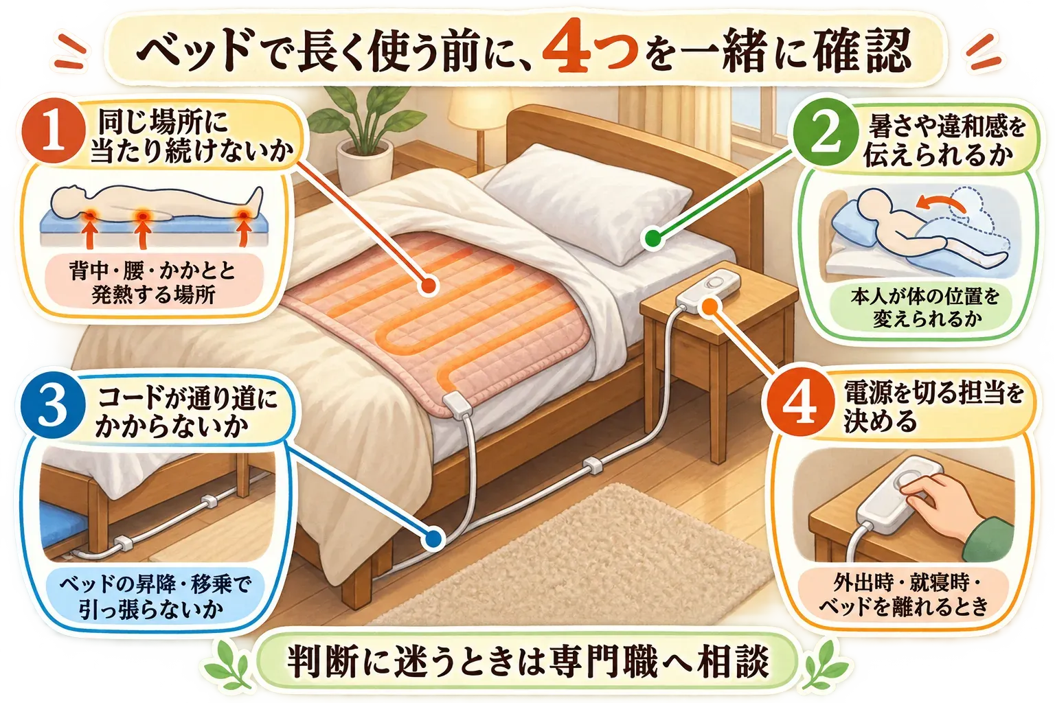 ベッドで電気毛布を長く使う前の4つの確認を示した図。同じ場所に発熱する場所が当たり続けないか、暑さや違和感を伝えられるか、コードがベッドの昇降や移乗の通り道にかからないか、外出時・就寝時・ベッドを離れるときに電源を切る担当を決めることを示している