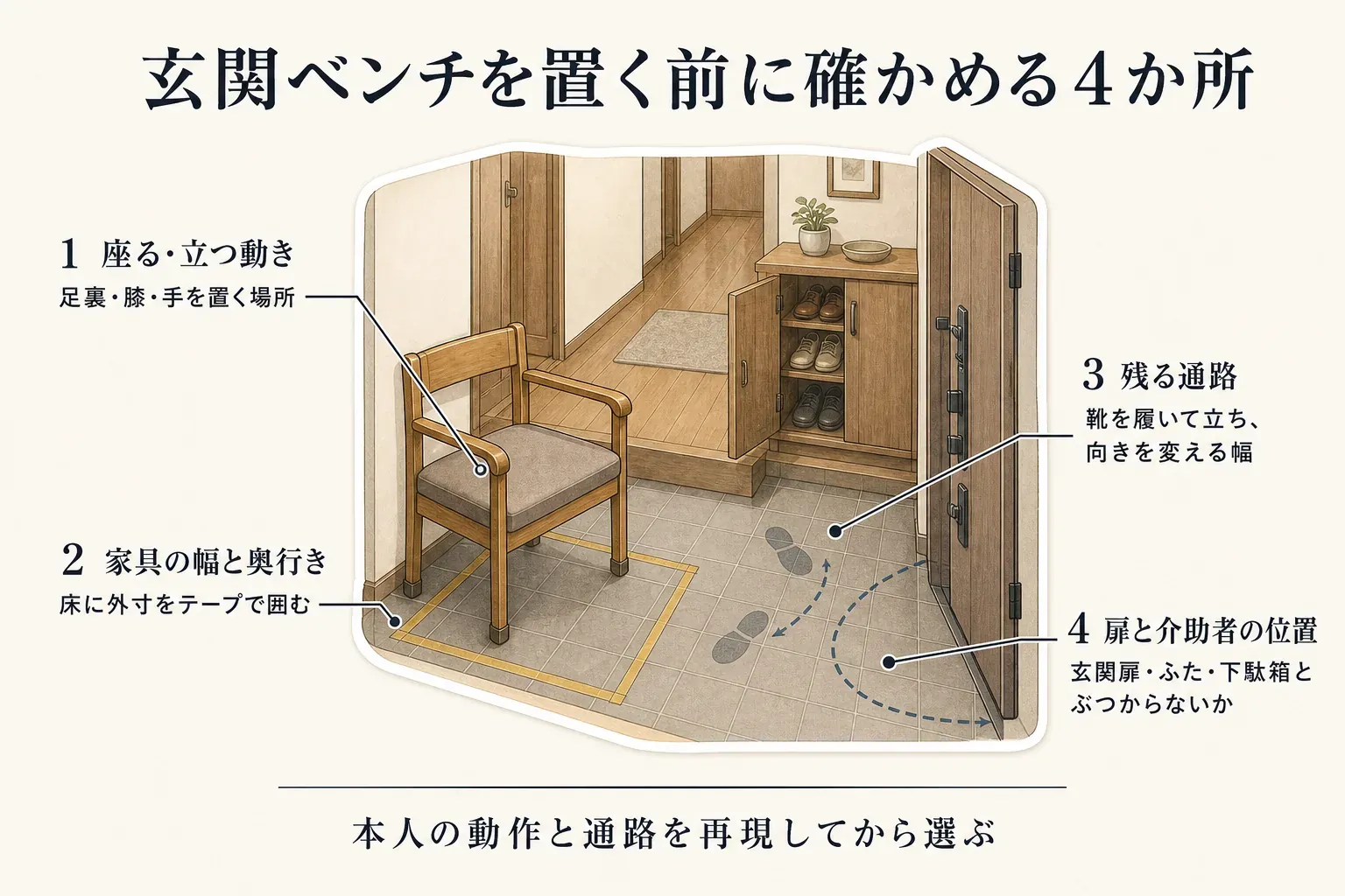 玄関ベンチを置く前に確認する4か所を示す図。座る・立つ動作で足裏・膝・手を置く場所、家具の幅と奥行きを床にテープで囲んだ範囲、靴を履いて立ち向きを変えられる残る通路、玄関扉・収納ベンチのふた・下駄箱がぶつからず介助者も立てる位置を確認する