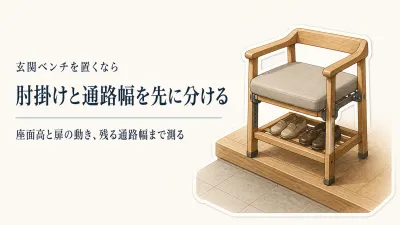 玄関ベンチに肘掛けは必要？介護の靴履きで座面高と通路幅から収納ベンチと比較