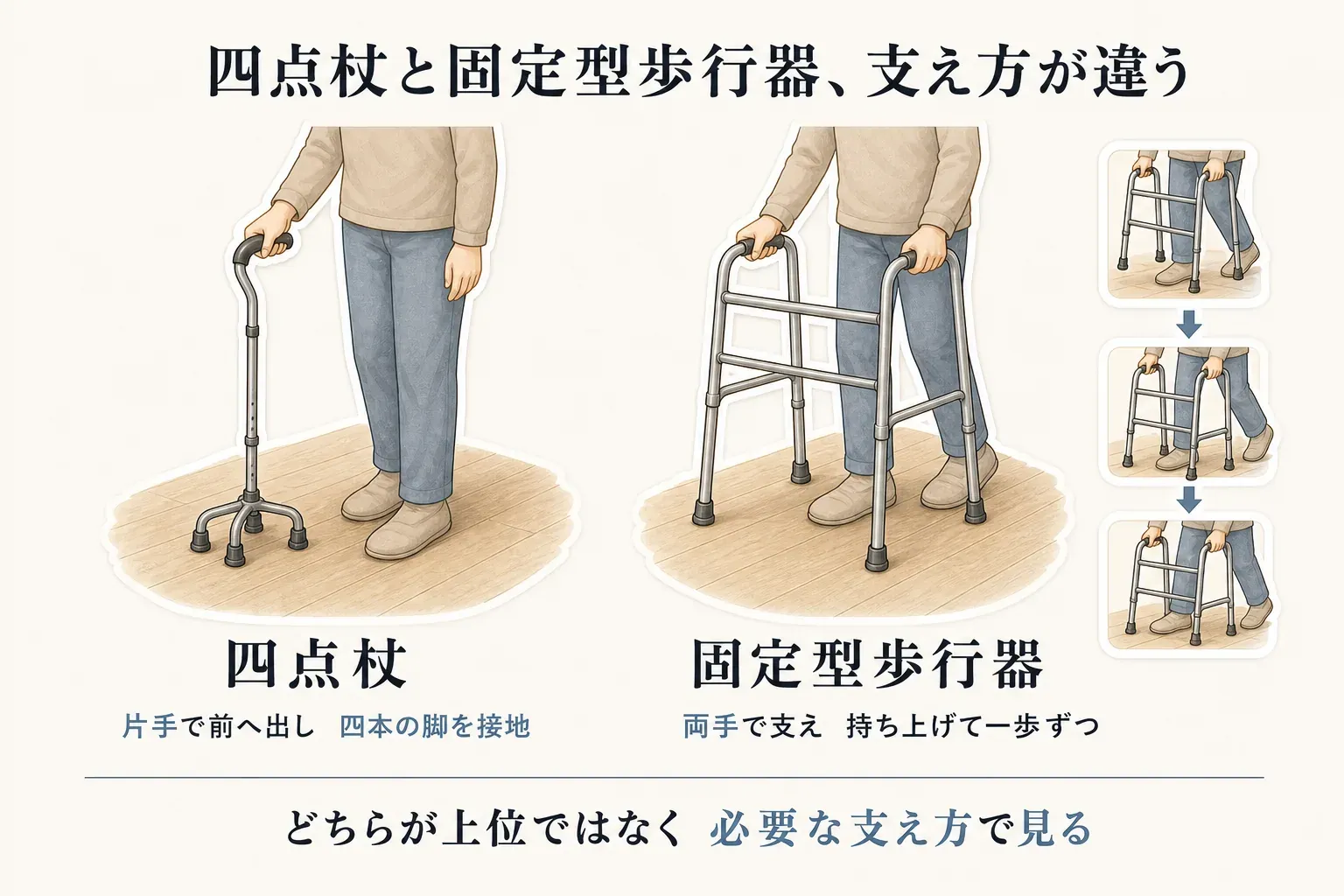 四点杖と固定型歩行器の支え方の違いを示した図。四点杖は片手で前へ出して四本の脚を接地させること、固定型歩行器は両手で支え、持ち上げて一歩ずつ進むことを対比し、どちらが上位ではなく必要な支え方で選ぶことを示している