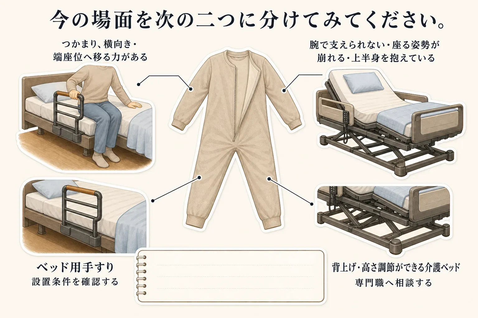 つなぎ服の使用を専門職に相談するためのメモを示す図。脱衣やおむつ外しが起きる時間・姿勢、着替えや交換で痛がる・嫌がる動作、介助者がファスナーやホックを安全に扱えるか、使用を見直す時期と外す基準を記録して相談する内容をまとめている