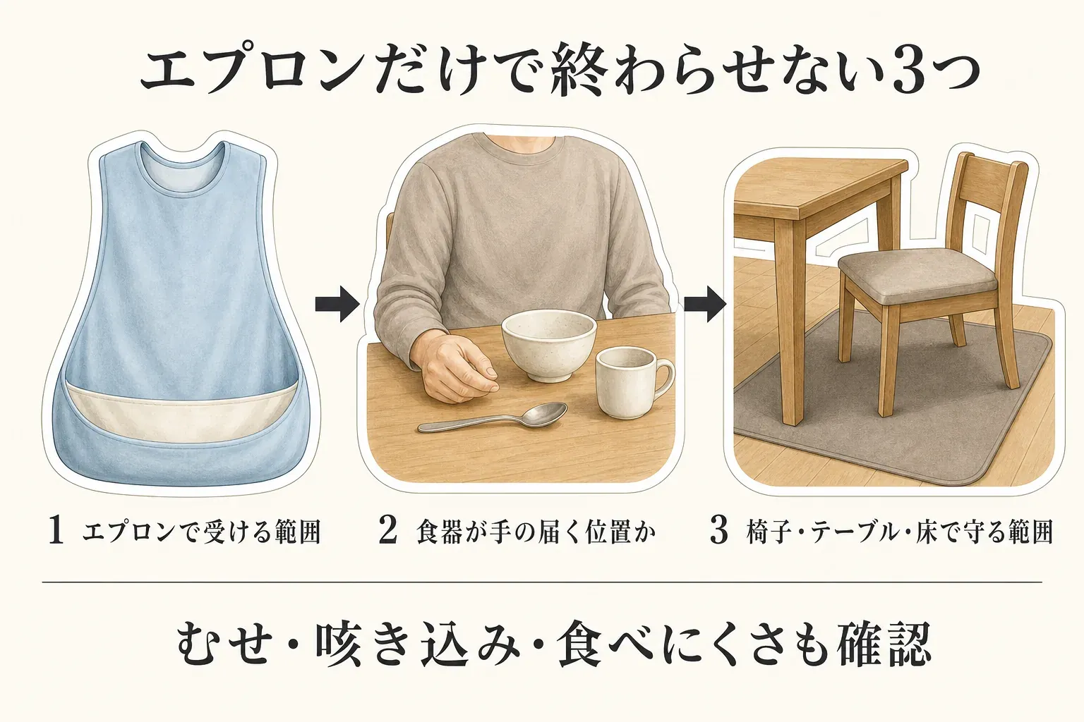 食べこぼし対策をエプロンだけで終わらせない3つの確認点を示した図。エプロンで受ける範囲、食器が手の届く位置にあるか、椅子・テーブル・床で守る範囲を分け、むせ・咳き込み・食べにくさも確認するよう案内している