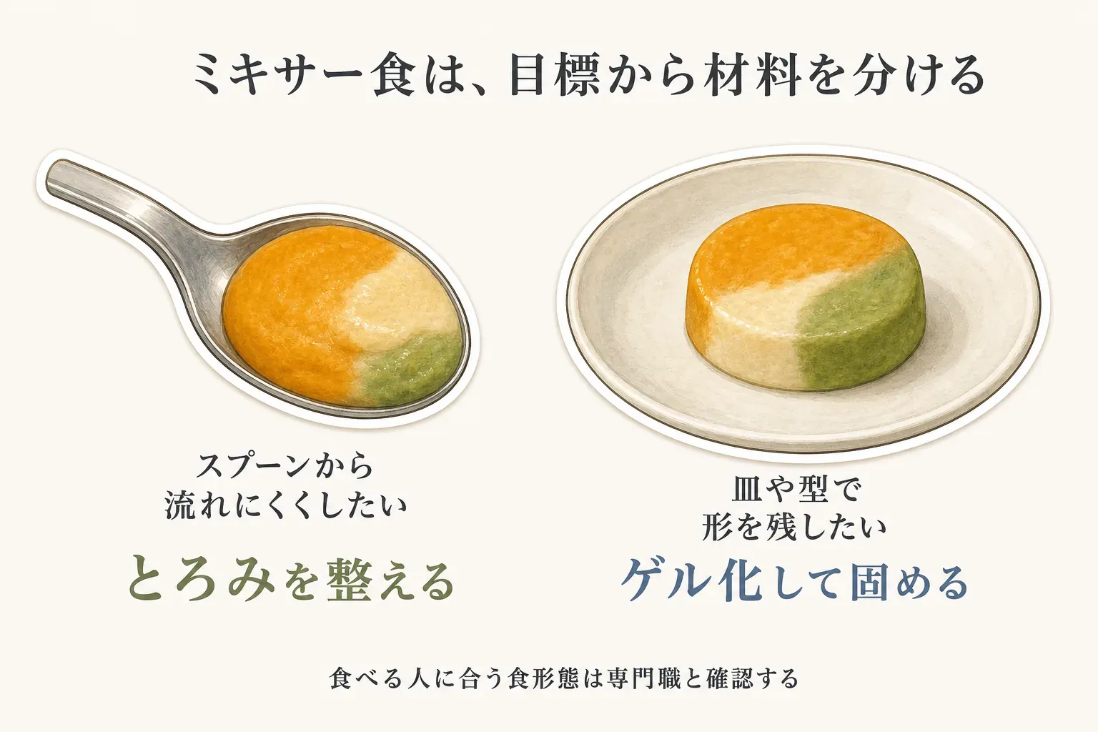 ミキサー食は目標から材料を分けることを示す図。スプーンから流れにくくしたい場合はとろみを整え、皿や型で形を残したい場合はゲル化して固めること、食べる人に合う食形態は専門職と確認することを示している
