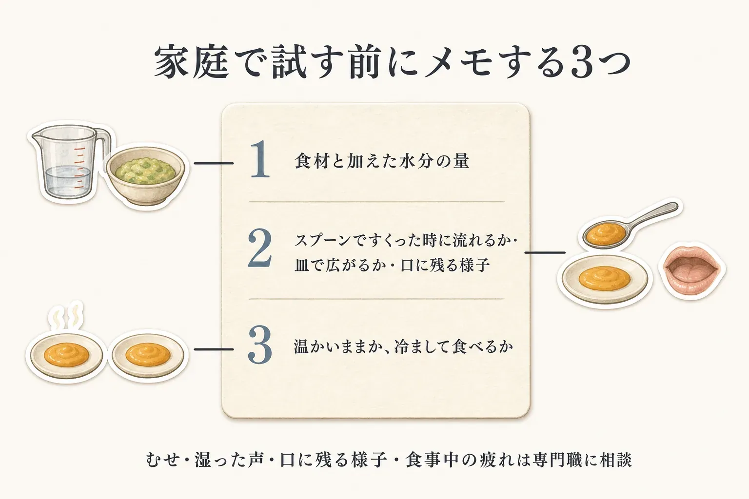 家庭で試す前にメモする3つを示す図。ミキサーにかけた食材と加えた水分の量、スプーンですくったときの流れ方・皿での広がり・口に残る様子、温かいままか冷まして食べるかを記録し、むせ・湿った声・口に残る様子・食事中の疲れがあれば専門職に相談することを示している