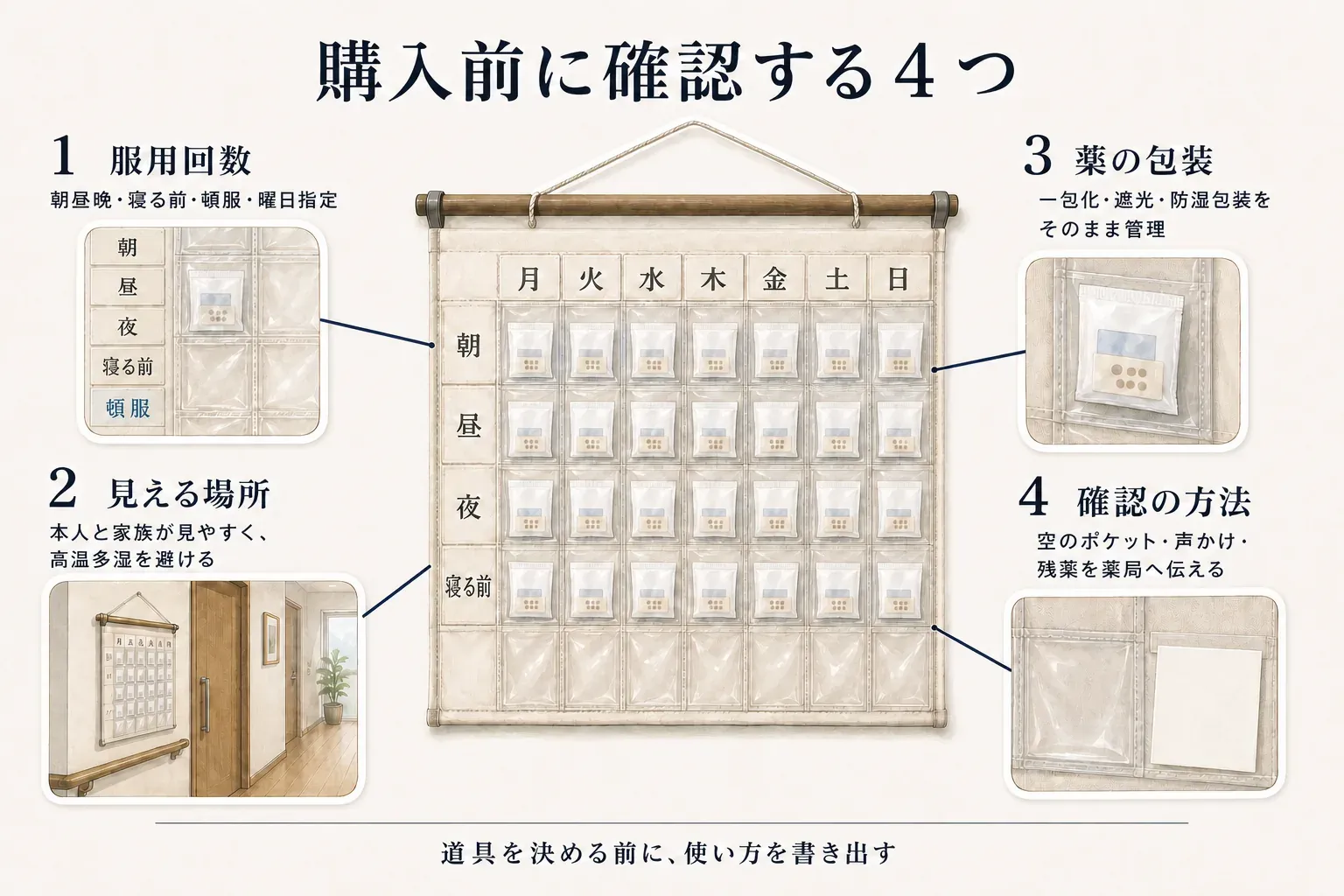 お薬カレンダーを中心に、購入前に確認する4項目を示した図。服用回数は朝昼晩・寝る前・頓服・曜日指定、見える場所は本人と家族が見やすく高温多湿を避けること、薬の包装は一包化・遮光・防湿包装をそのまま管理できること、確認の方法は空のポケット・声かけ・残薬を薬局へ伝えることを確認する