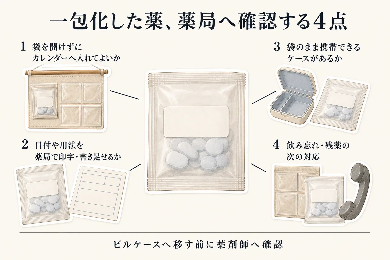 一包化した薬について薬局へ確認する4点を示した図。袋を開けずにカレンダーへ入れてよいか、日付や用法を薬局で印字・書き足しできるか、外出時に袋のまま携帯できるケースがあるか、飲み忘れや残薬があったときの次の対応を確認する。ピルケースへ移す前に薬剤師へ相談するよう案内している