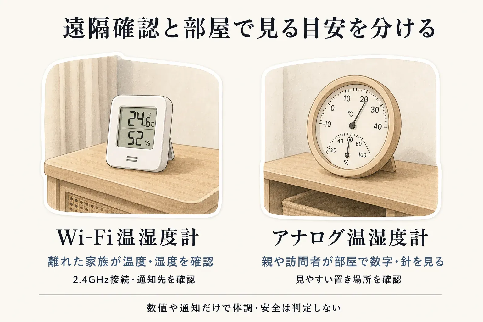 離れて暮らす親宅の室温管理でWi-Fi温湿度計とアナログ温湿度計の役割を分ける図。外出先から温度・湿度を確認し設定範囲外の通知を受けたい場合はWi-Fi型、親が部屋で数字を見て空調を調整したい場合はアナログ型を選び、Wi-Fi型では接続・通知先・電池管理も必要になることを示している