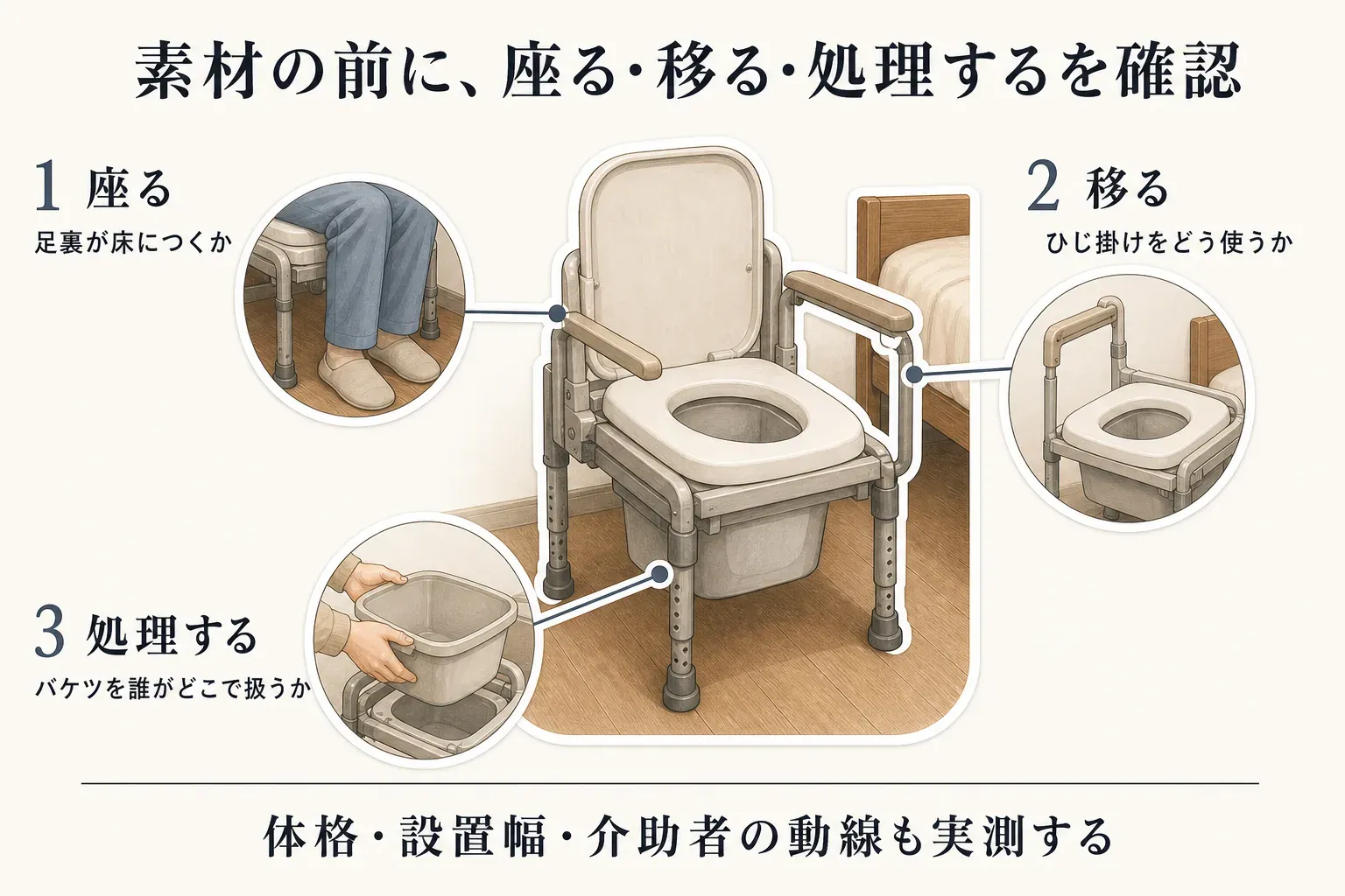 ポータブルトイレを選ぶ前に確認する三つの日常動作を示した図。1は座る際に足裏が床につくか、2は移る際にひじ掛けをどう使うか、3は処理する際にバケツを誰がどこで扱うかを、ベッド脇のポータブルトイレのイラストとともに示し、体格・設置幅・介助者の動線も実測するよう案内している。
