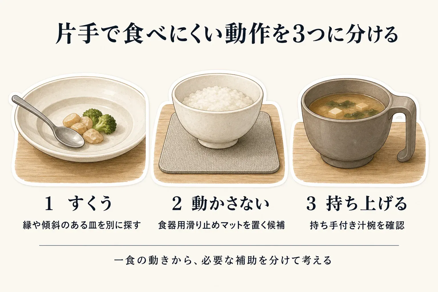 片手で食べにくい動作を「すくう」「動かさない」「持ち上げる」の3つに分けた図。すくうには縁や傾斜のある皿を別に探し、動かさないには食器用滑り止めマットを敷く候補を、持ち上げるには持ち手付き汁椀を確認することを示している