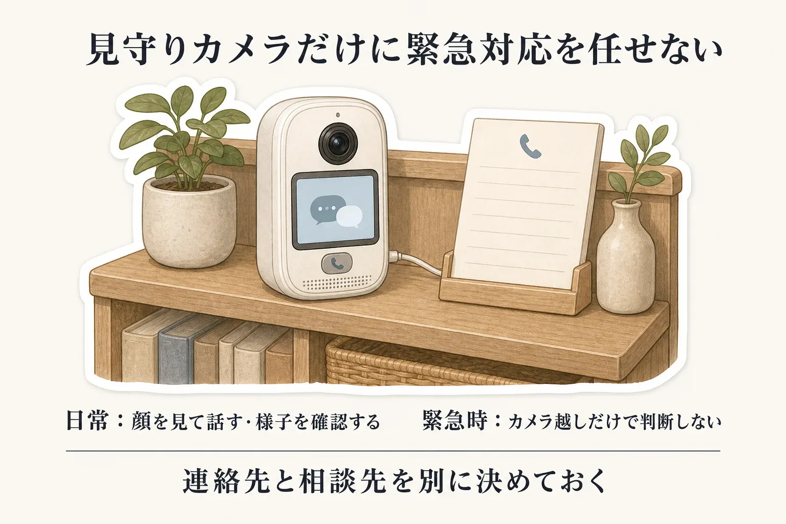 見守りカメラだけに緊急対応を任せず、日常は顔を見て話し様子を確認し、緊急時はカメラ越しだけで判断せず、連絡先と相談先を別に決めておくことを示す図