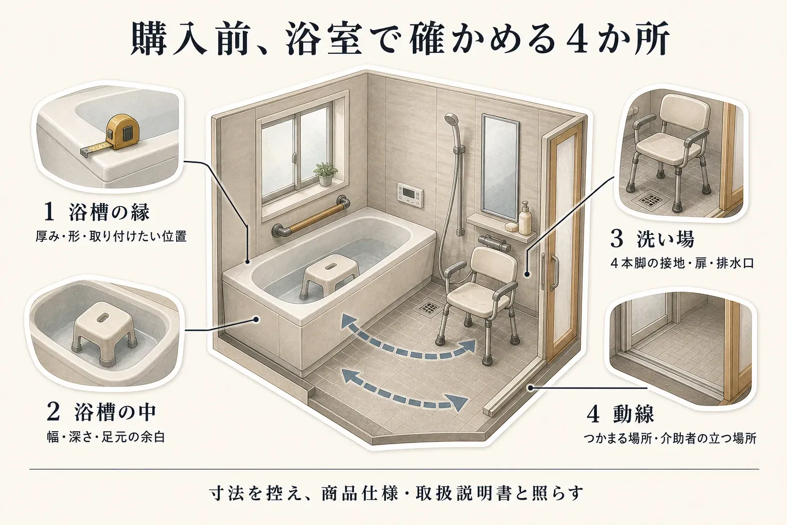 購入前に浴室で確認する四か所として、浴槽手すり用の浴槽の縁の厚み・形・位置、浴槽台用の浴槽内の幅・深さ・足元の余白、シャワーチェア用の洗い場の床の傾斜・脚部の接地・排水口や扉、本人と介助者の動線を示した図