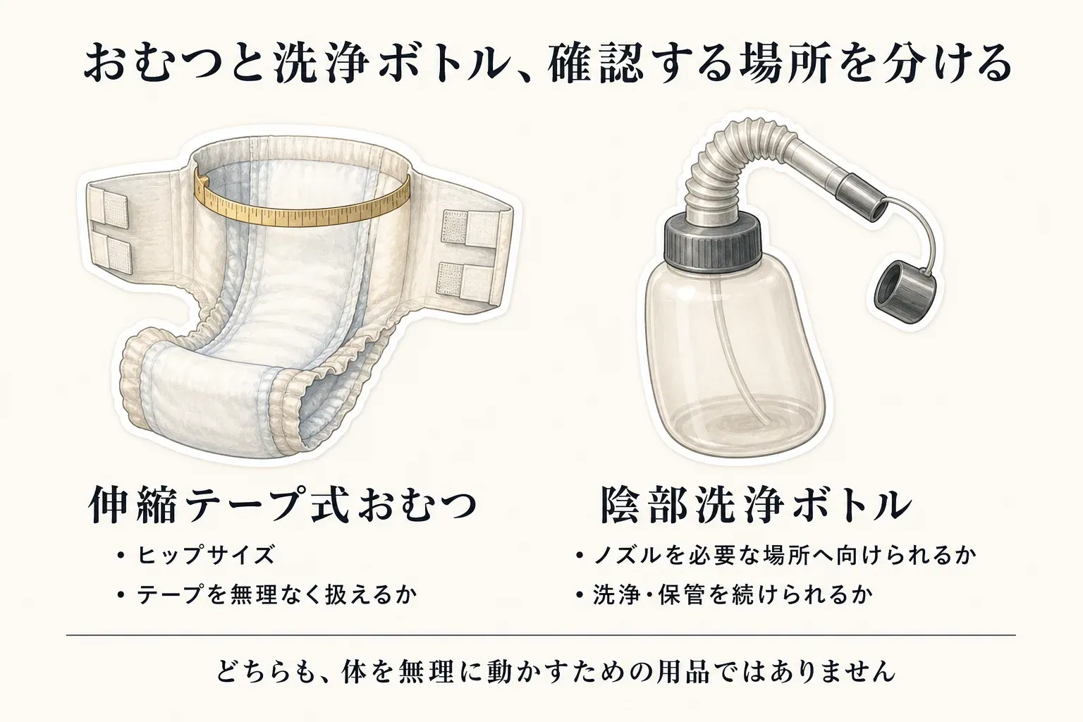 伸縮テープ式おむつではヒップサイズとテープを無理なく扱えるかを、陰部洗浄ボトルでは必要な場所へノズルを向けられるかと洗浄・保管を続けられるかを、それぞれ確認することを示す図。どちらも体を無理に動かすための用品ではないことを伝える