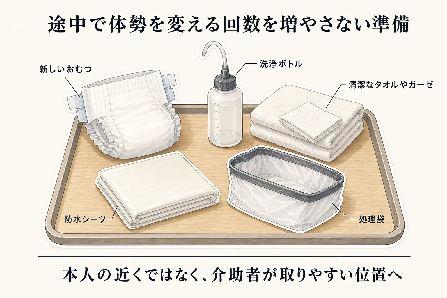 交換途中で体勢を変える回数を増やさないために、新しいおむつ、洗浄ボトル、清潔なタオルやガーゼ、防水シーツ、処理袋を本人の近くではなく介助者が取りやすい位置にそろえる準備を示した図