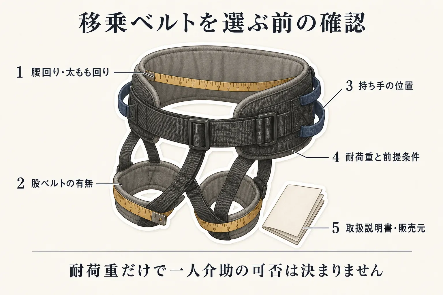 移乗ベルトを選ぶ際の確認点として、腰回り・太もも回りの対応寸法、身体の上抜けを抑える股ベルトの有無、介助者が無理のない姿勢で持てる持ち手の位置、耐荷重と使用条件、取扱説明書・メーカー・販売元の確認を整理した図