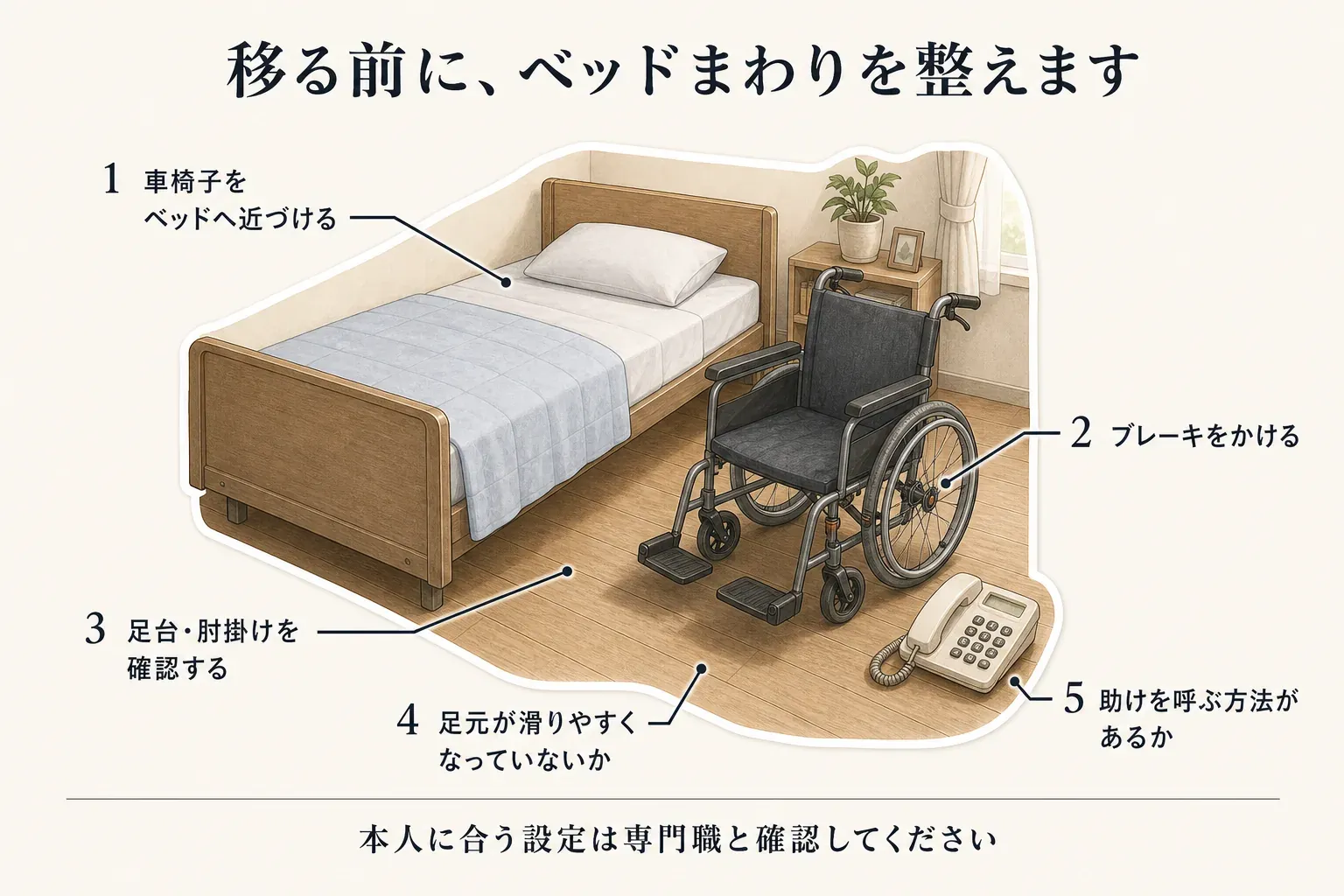 ベッドから車椅子へ移乗する前の環境確認として、車椅子をベッドへ近づけてブレーキをかけること、足台・肘掛け・ベッド柵が動作を妨げないか、足元が滑りやすくないか、痛み・めまい・ふらつきがないか、途中で止まった場合に座り直す位置と助けを呼ぶ方法を確かめることを示した図。ベッドと車椅子の間に介助者が足を動かせる空間を取り、利用者の足裏を床または足台に置き、移乗中に身体をひねったり前かがみで抱え上げたりしないための事前確認を、アイコンと短い説明で整理している。車椅子は移る側に近づけ、動かないことを確認してから、介助者と利用者がともに安全に動ける位置を整える。ベッド周辺に障害物や滑りやすい物がないことも確認する。移乗前に声かけの手順も共有する。安全を優先する