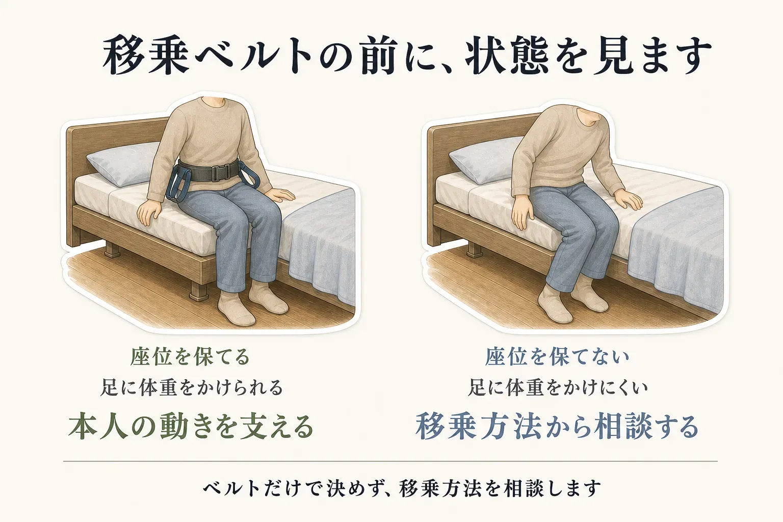 移乗ベルトを使う前の状態確認として、ベッド端で座位を保ち足に体重をかけられる場合は本人の動きを支え、座位を保てず足に体重をかけにくい場合はベルトだけで決めず移乗方法から相談することを示した図