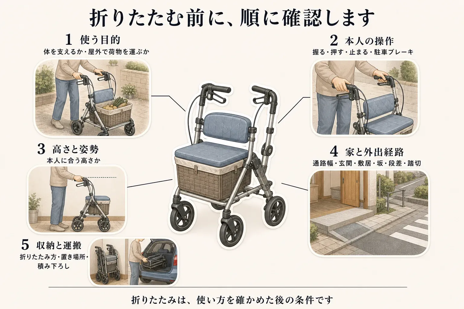 歩行器・歩行車・シルバーカーの折りたたみタイプを選ぶ前の確認順を示した図。使う目的、本人がグリップやブレーキを操作できるか、高さと姿勢、家と外出経路の通路幅・段差・坂、収納と運搬の順に、5項目を確認する流れを整理している。