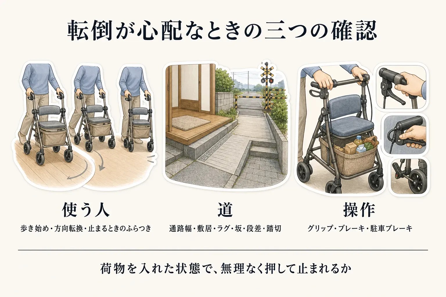 歩行器・歩行車・シルバーカーを使う前に家族が確認する人・経路・操作の3点を示した図。人では歩き始め・方向転換・停止時のふらつき、経路では室内の段差や敷物と買い物・散歩の坂・踏切・舗装、操作ではグリップ・ブレーキ・駐車ブレーキと荷物を入れた状態で押して止まれるかを確認する内容を整理している。