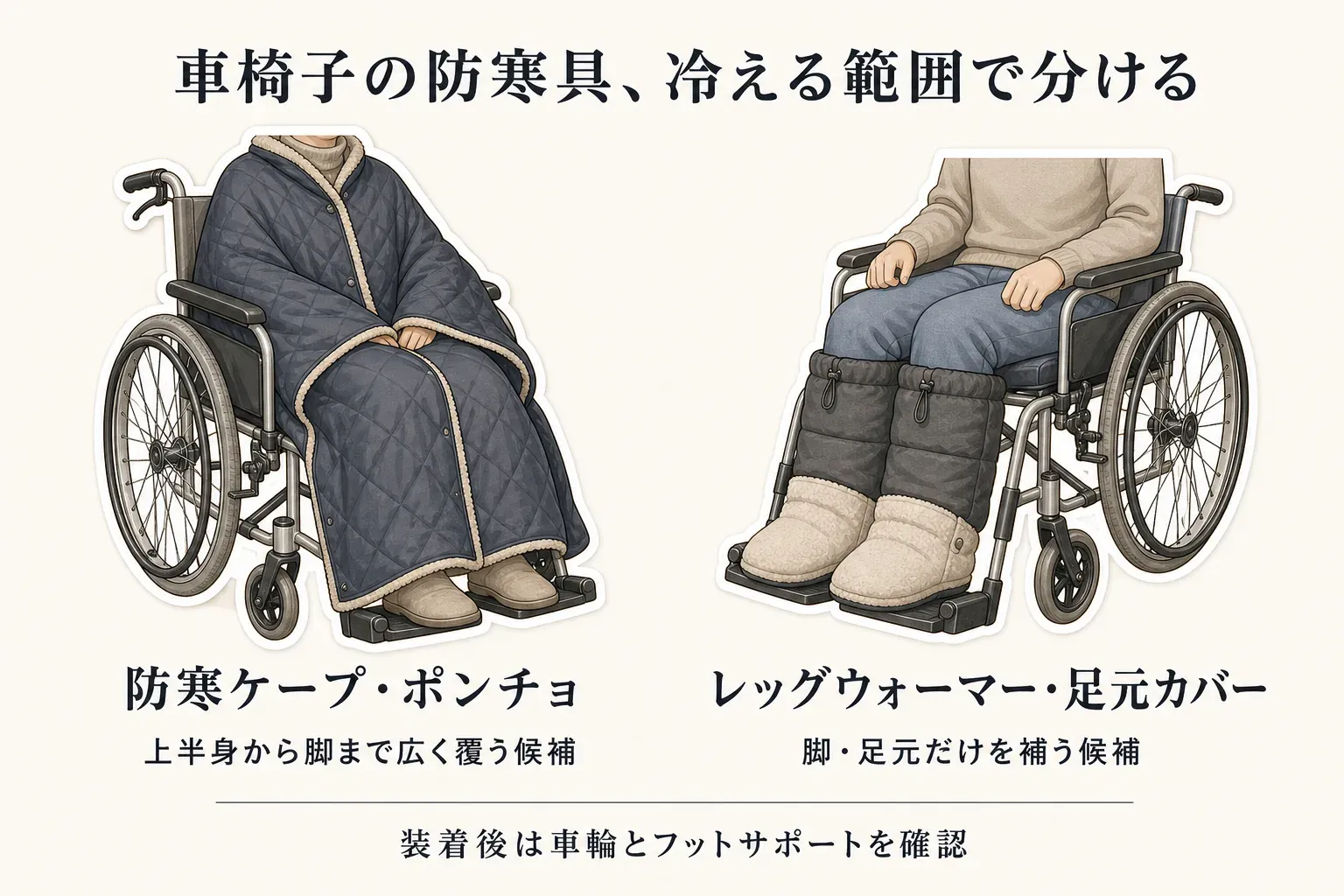 車椅子の防寒具を冷える範囲で分ける図。防寒ケープ・ポンチョは上半身から脚まで広く覆う候補、レッグウォーマー・足元カバーは脚・足元だけを補う候補として示し、どちらも装着後に車輪とフットサポートを確認するよう案内している